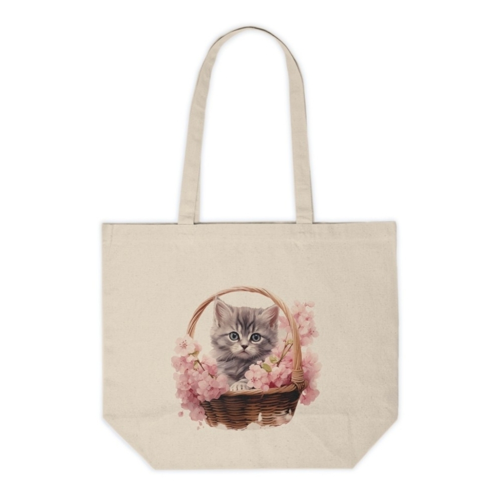 Floral Cat in a Basket Custom Canvas Tote Bag